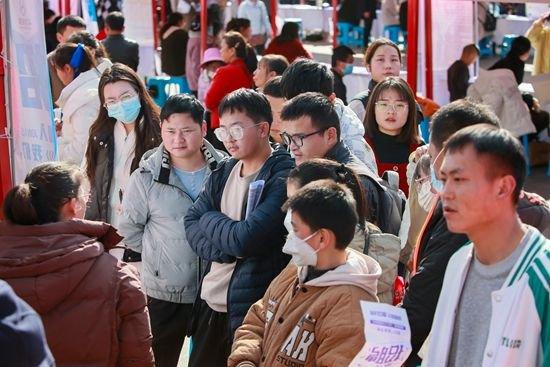1月1日,云南省曲靖市,麒麟区南城门广场,元旦招聘会,求职人员正在了解招聘信息。视觉中国供图